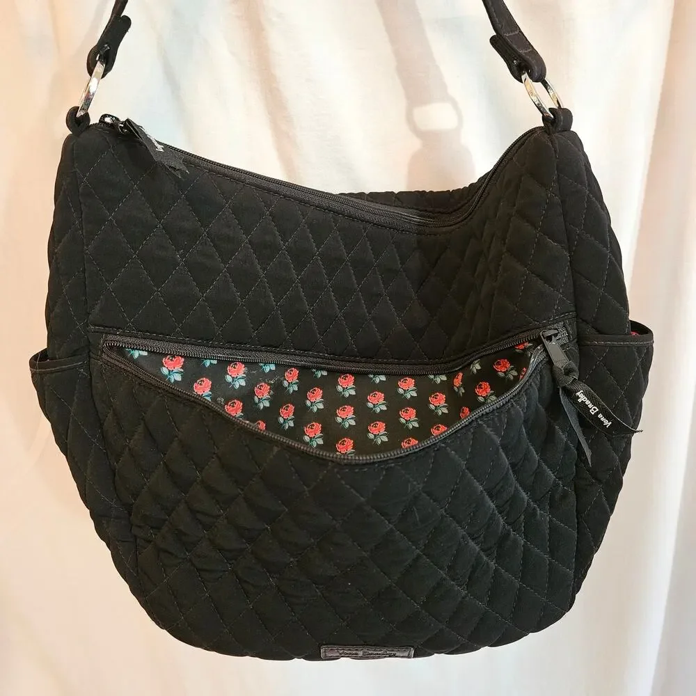 Vera Bradley Black Quilted Hobo Shoulder Bag Rose Floral Lining